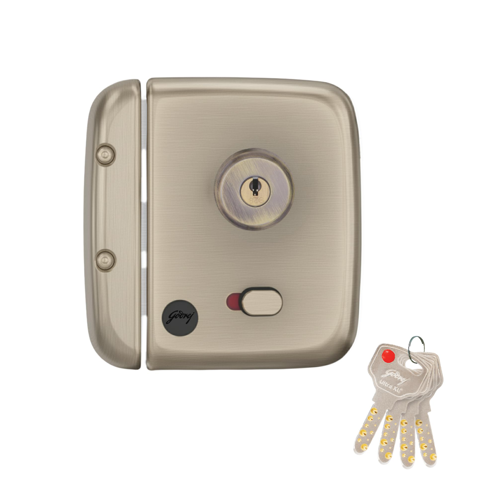 Godrej Locks I Rim Lock I Twin Bolt Compact 1Ck Latch Bolt I for Inside Opening Wooden Doors I Left or Right Handed Doors I 3 Keys I 1-Year Warranty I Textured Black Finish